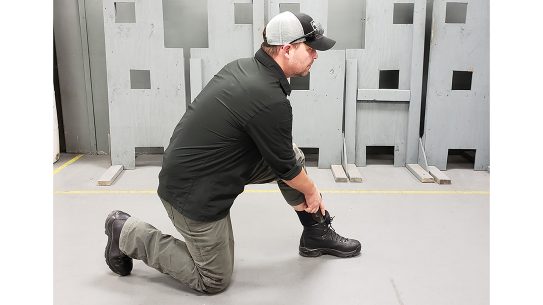 When using ankle holsters, drop to one knee for a stable base.