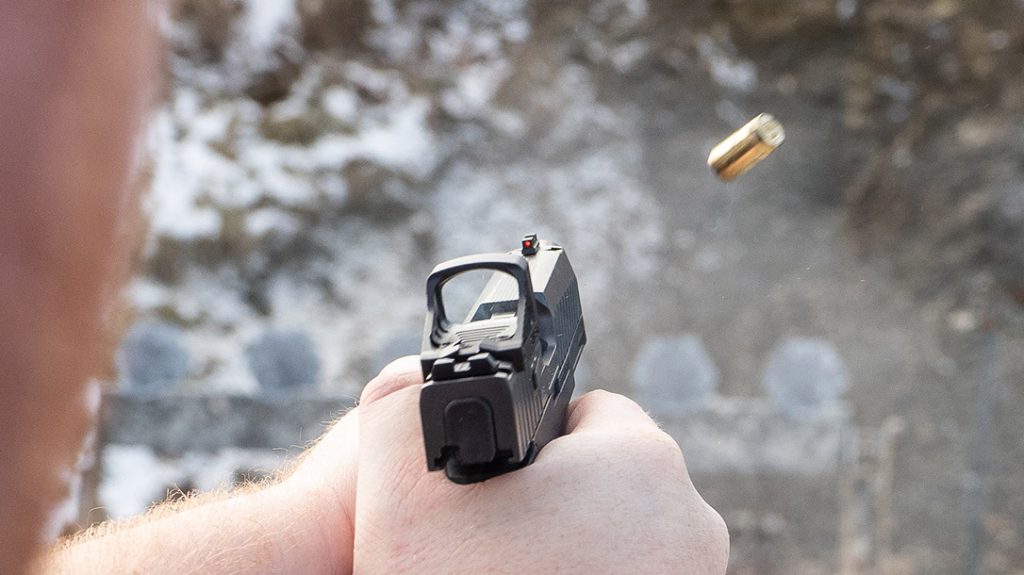 The height of the iron sights on the custom P365XL allow for use even with optics installed.