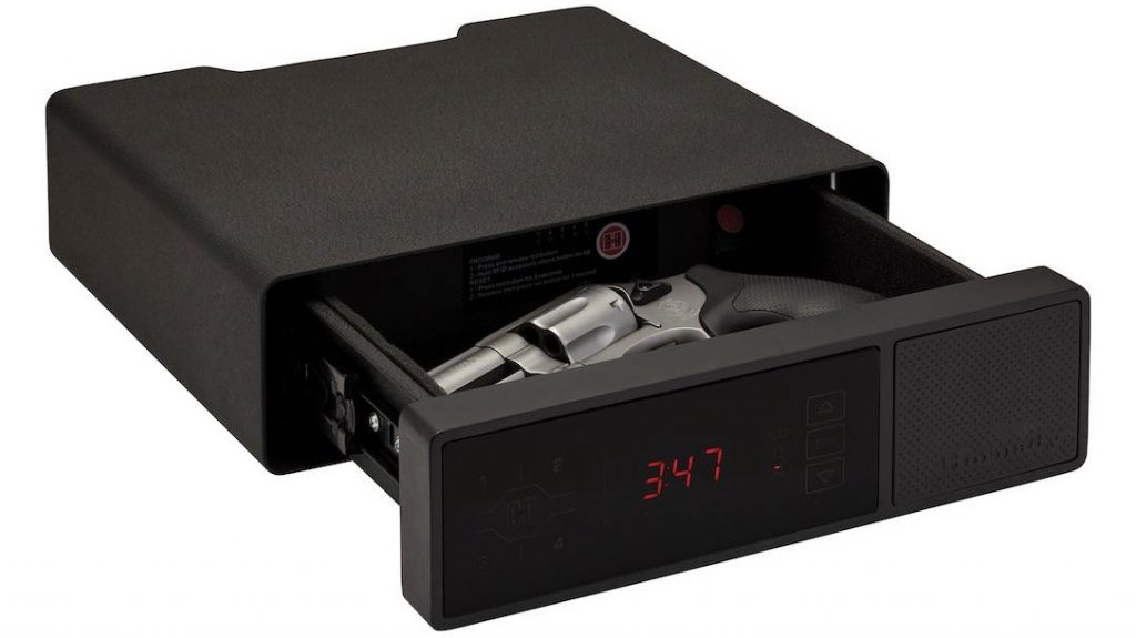 The Hornady Security RAPiD Safe night Guard has a tempered glass front panel with clock, RFID reader and keypad.