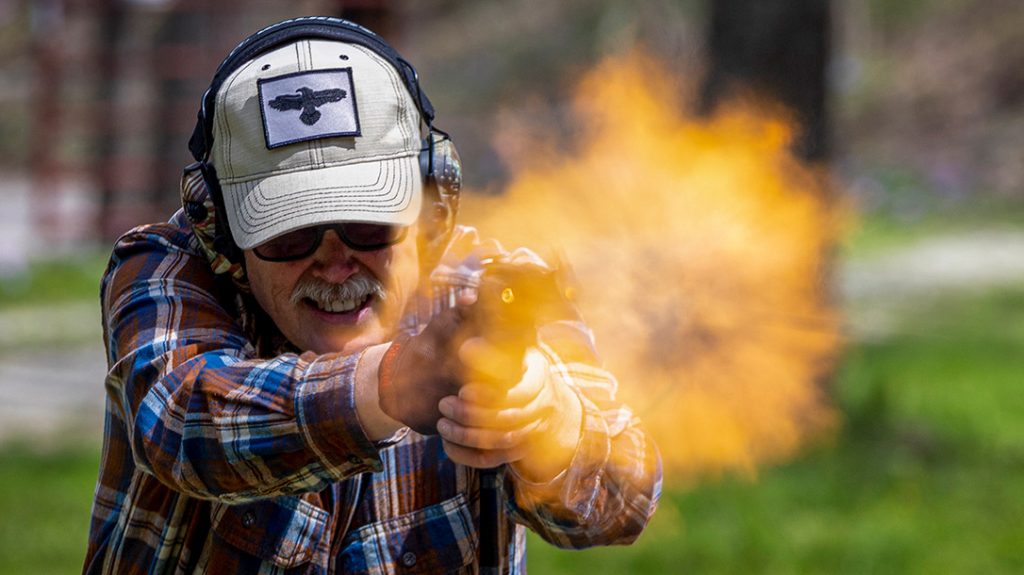 The author firing the Smith & Wesson 329pd Airlite 44 Mag