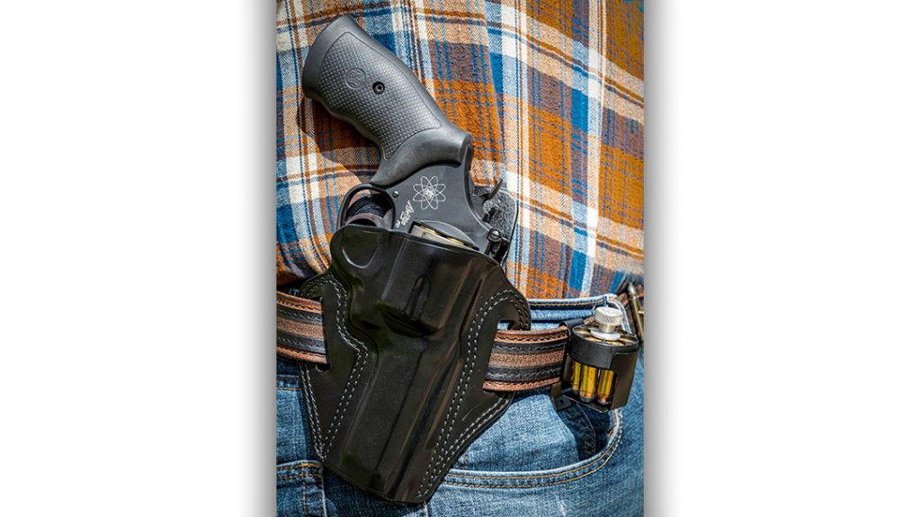 For the practical shooting test of the Model 329PD, the author used a Galco Combat Master Belt Holster with extra ammo in an HKS speedloader and Safariland steel carrier.