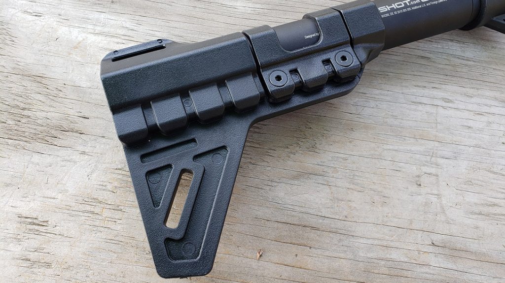 The Accurate Pistol Systems USA 1SHOT comes with an already installed Trinity Force Breach 1.0 brace.