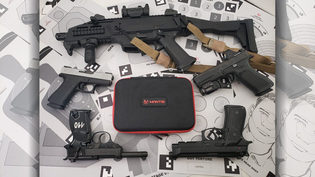 The author used his 9mm Mantis Kit with a variety of firearms including a CZ Scorpion SBR, a Walther P1, a Beretta M9A1, a Glock 43x, and a Glock 45.