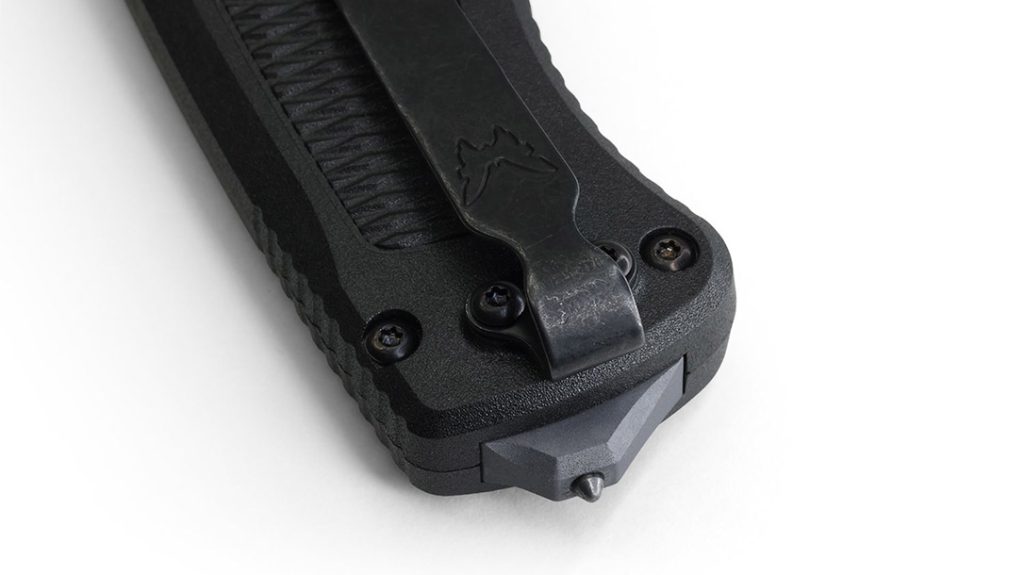 The butt of the Benchmade Shootout features a carbide glass breaker.