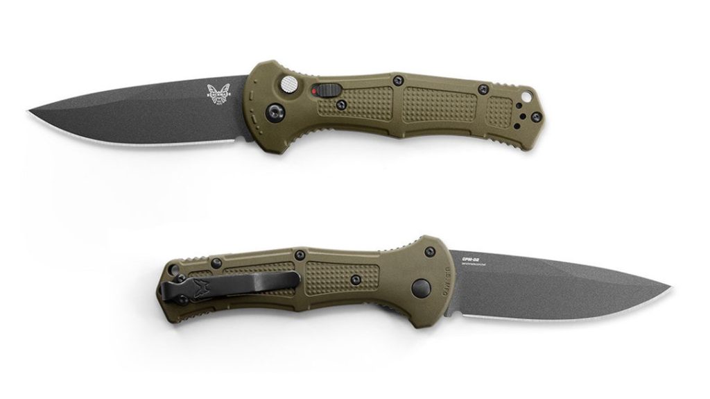 The Benchmade Claymore features a drop point blade available in straight or serrated edge.
