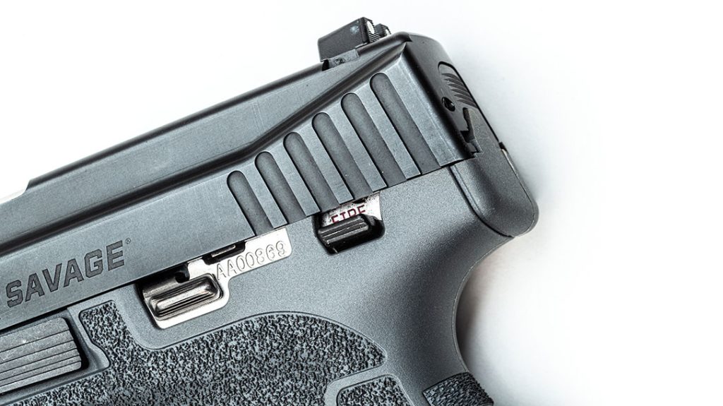 Savage offers the pistol with or without an ambidextrous manual safety. Serrations on the back of the slide help with racking.