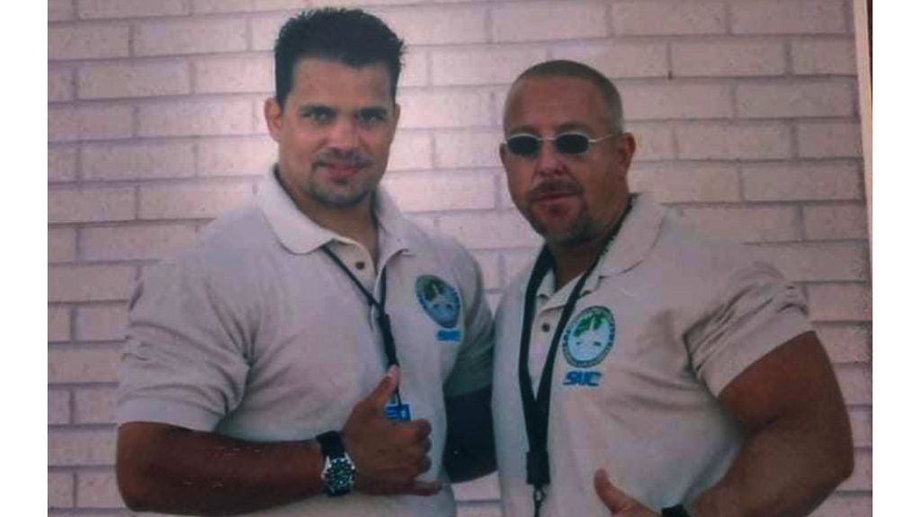 Thompson and fellow instructor Brent Pierce during a break from teaching at the Combatives for the Air Marshal program held three months after 9/11.