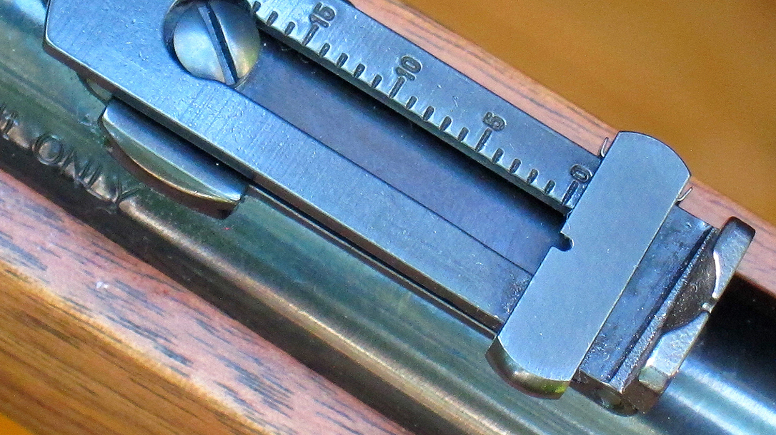 The ladder rear sight proved accurate during testing.