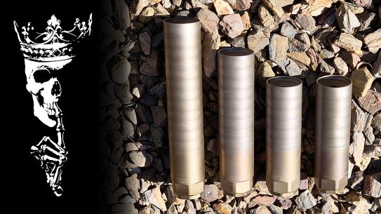 Four rifle suppressors from Rex Silentium: (L to R) a 5.56mm MG7, a custom MGX with “Beefy baffles” for sustained full-auto fire in 5.56mm and 7.62mm, and a MG10 in .308.